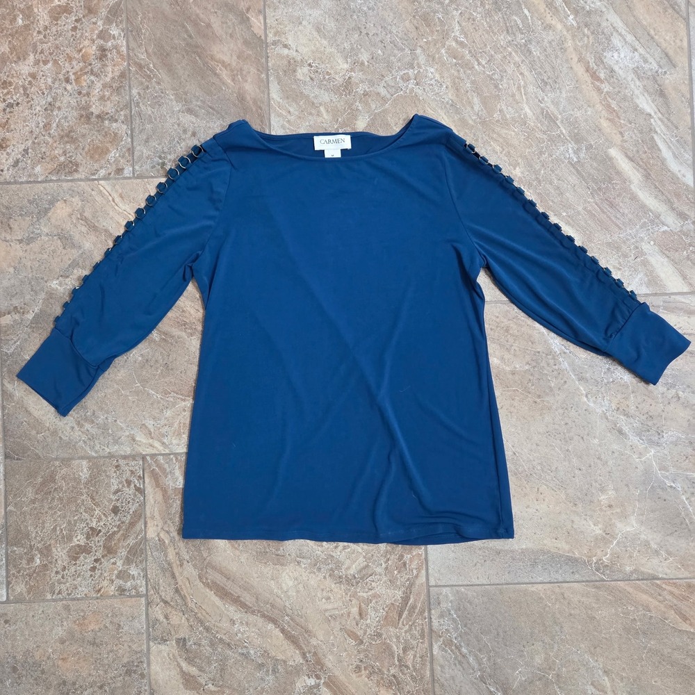 Carmen Ring Sleeve Top Teal Blue Long Sleeve Blouse Casual Chic Size M‎
